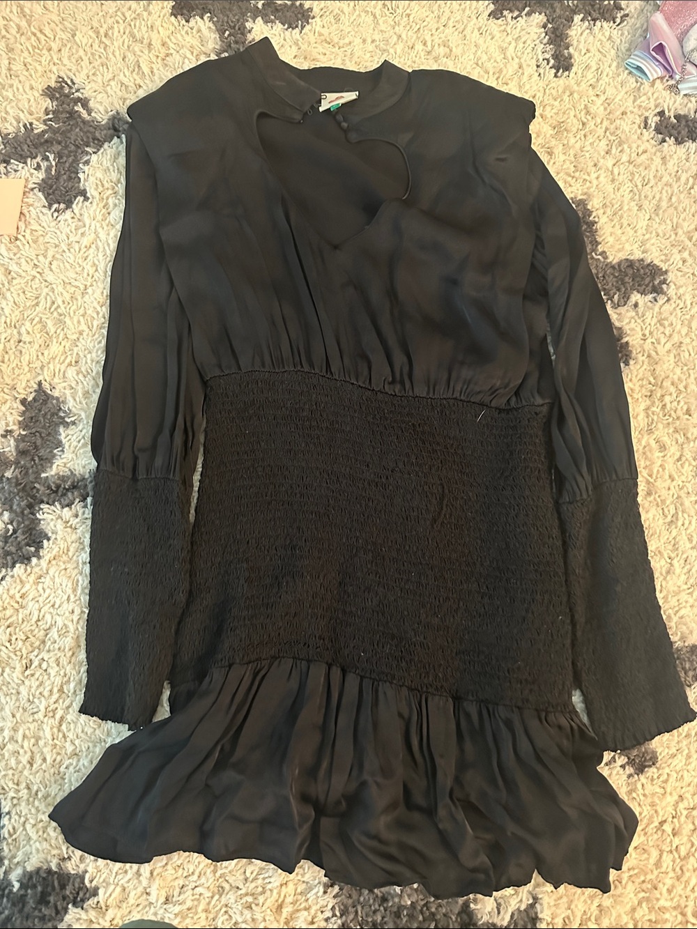 FARM Rio Black Long-Sleeve Smocked Waist Ruffle Dress